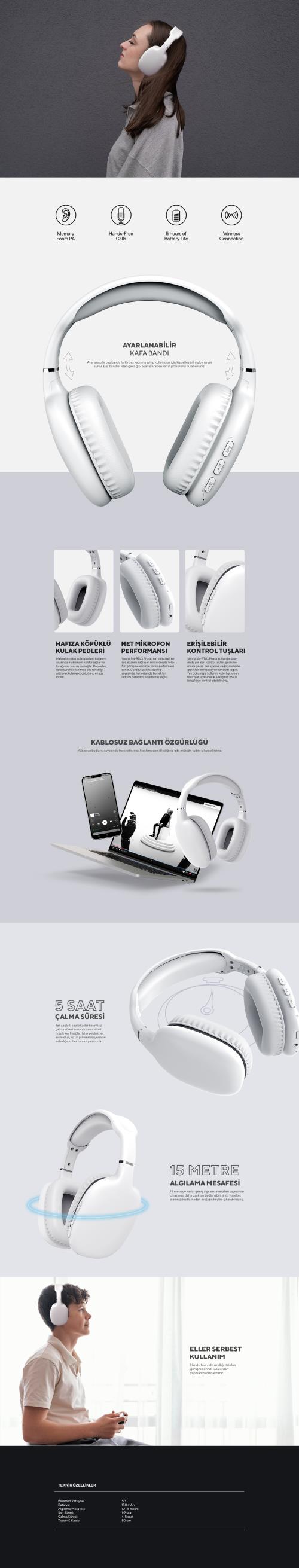 En ucuz Snopy SN-BT43 Phase Beyaz Bluetooth Kulaklık kablosuz kulaklık